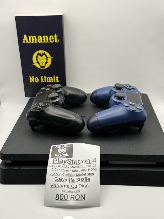 PlayStation 4 Slim Disc 512GB CA NOU Model: CUH-2216A si 2 Controlare.