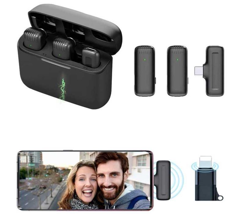 Set 2 Microfoane Wireless Lavaliera Color Lizard, Carcasa Incarcare, USB-C / Lightning