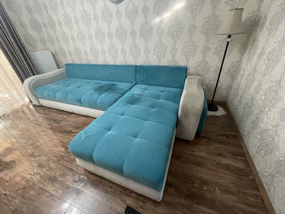 Colțar extensibil cu tabureți, turcoaz, 4–5 locuri