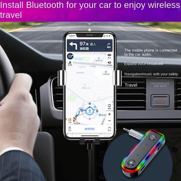 Adaptor Bluetooth auxiliar cu iluminare RGB, pentru mașină sau boxe