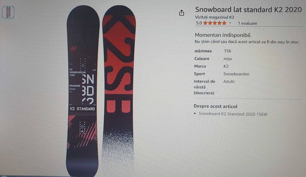 Placa snowboard K2 STANDARD noua  +  Legaturi snowboard K2 SONIC noi