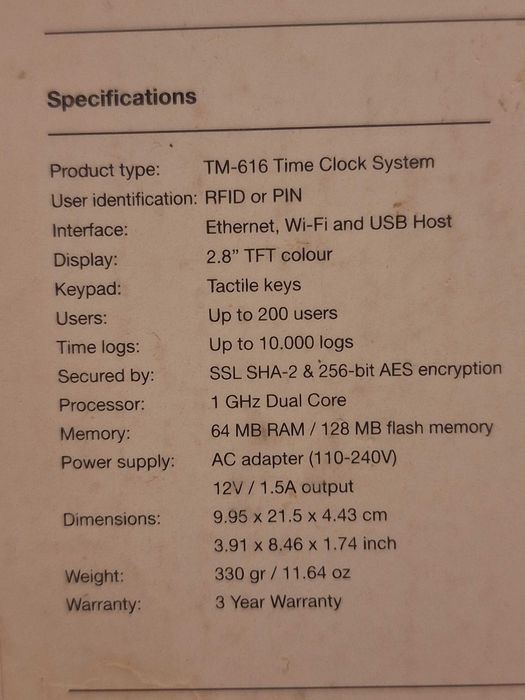 Timemoto TM-616 RFID Система за изчисляване на работни часове