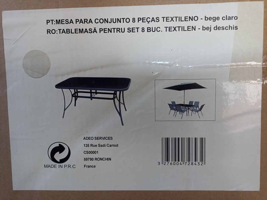 Pachet/SetComplet Mobilier gradina (metal & plastic), culoare bej/crem, ce cuprinde: 6buc.Scaune stivuibile, masa & umbrela, NOI / sigilate.