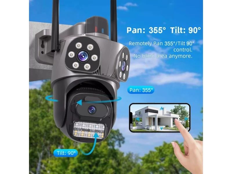 Тройна външна въртяща WiFi AI камера 10MP с три обектива, ICSee, Черна