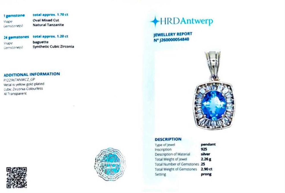 Pandantiv de lux Argint placat Aur cu Tanzanit natural 1.70 ct
