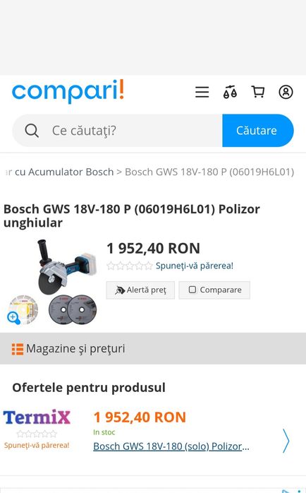 Polizor unghiular Bosch GWS 18V-180P, 18 cm, 7000 RPM, 1500 W, 2.8 kg, SIGILAT