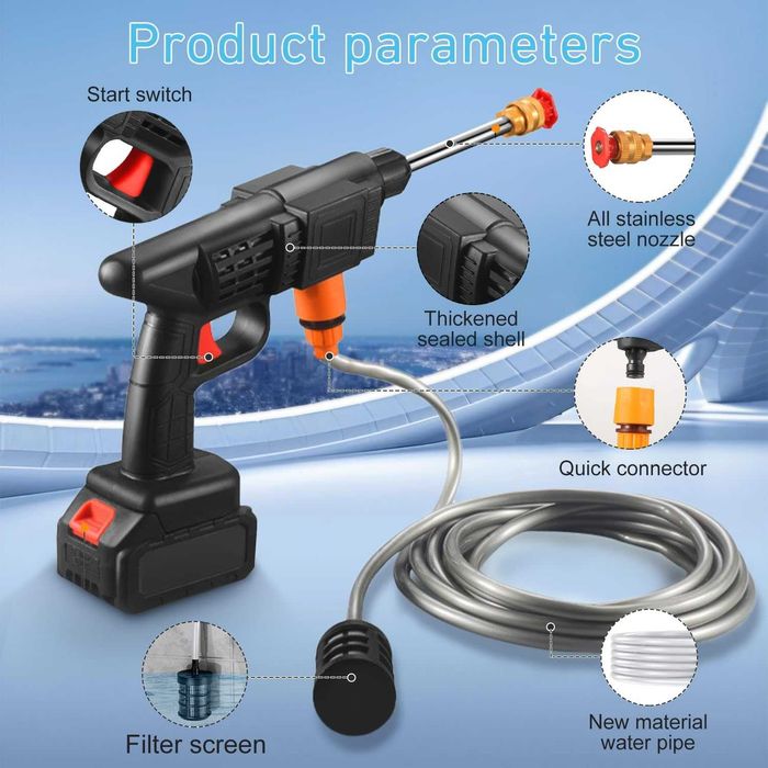 НОВА! Безжична акумулаторна водоструйка 90 bar с 6-в-1 дюза, 5м маркуч