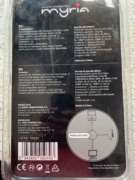 Cablu DisplayPort 2m