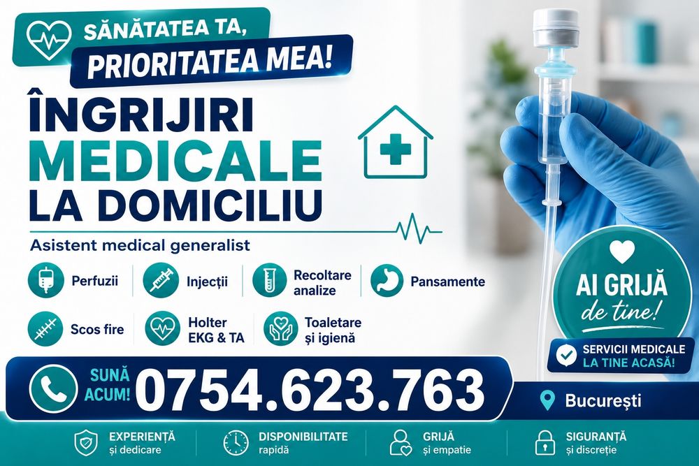 Asistent medical la domiciliu NON-STOP, totul steril,toate sectoarele,Perfuzii/Injecții/Recoltari/Pansamente/Sos fire/Toaletare/Holter TA și EKG.