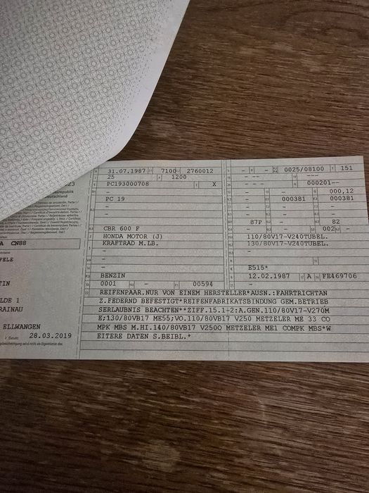 Honda CBR 600 F (PC19) Hurricane - 1987 - Acte Complete Germania
