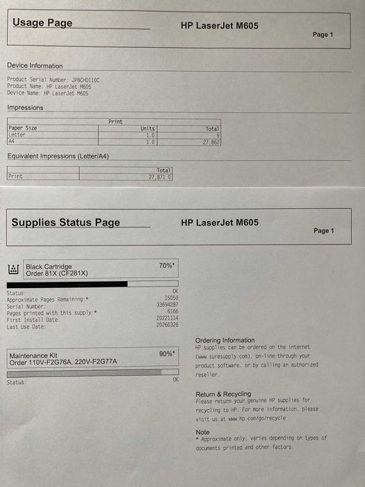 Imprimanta HP Laserjet Enterprise M605dn – toner original hp CF281X– impecabila