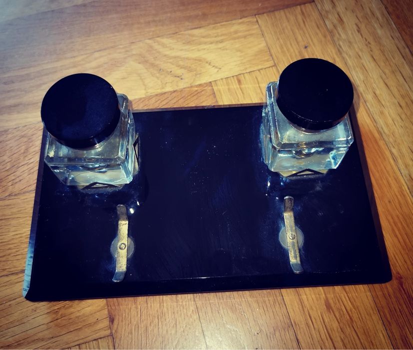 Мастилница мраморна оригинален комплект в стил Арт Деко две стъкленици