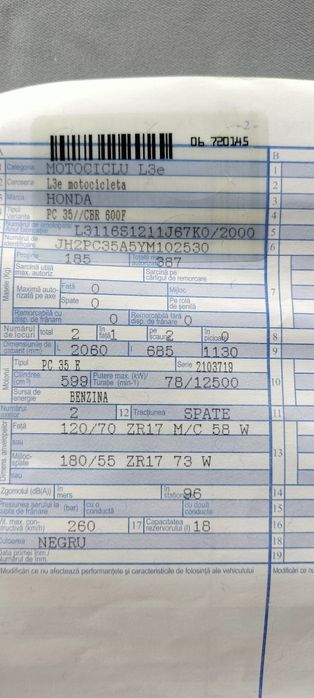 Honda cbr 600 an 2000.