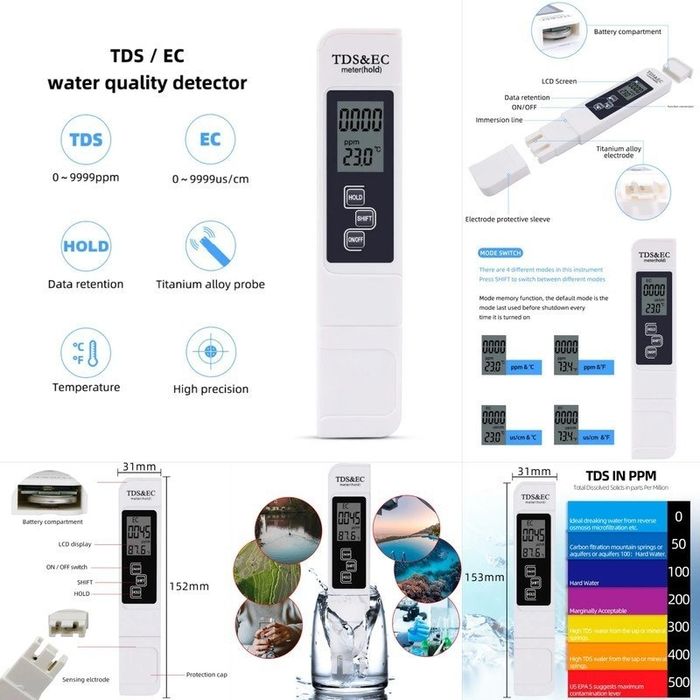 TDS metr, pH metr va Suv analizatorlari (7 in 1 Smart Bluetooth)