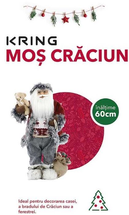 Figurina Mos Craciun PREMIUM 60 cm cu ursulet si sac de cadouri