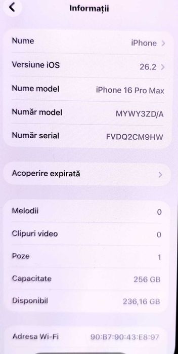 (AG 35 B 34674) Telefon iPhone 16Pro Max 256Gb - 4800Lei Garantie !
