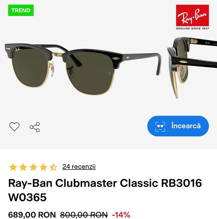Ochelari de soare, Ray Ban. Noi, cutie+toc