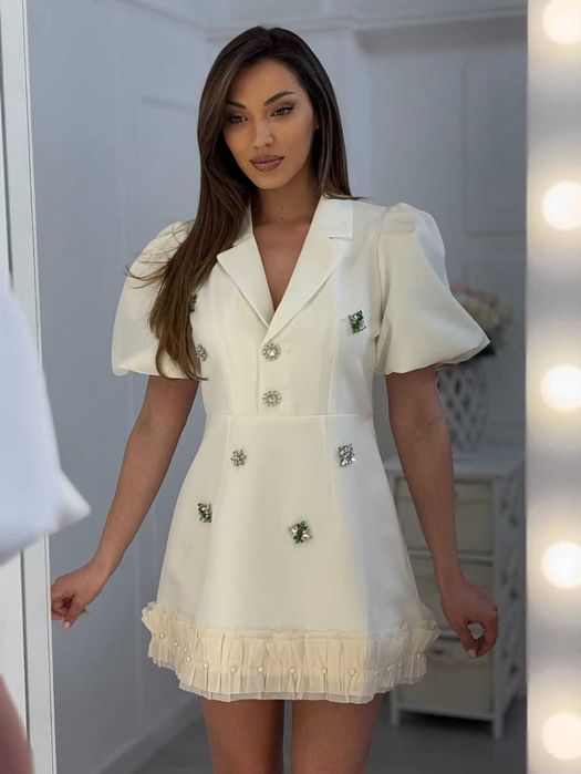 Рокля Оливия/Olivia с камъни и буфан ръкав. Цвят: бял/Размер: L