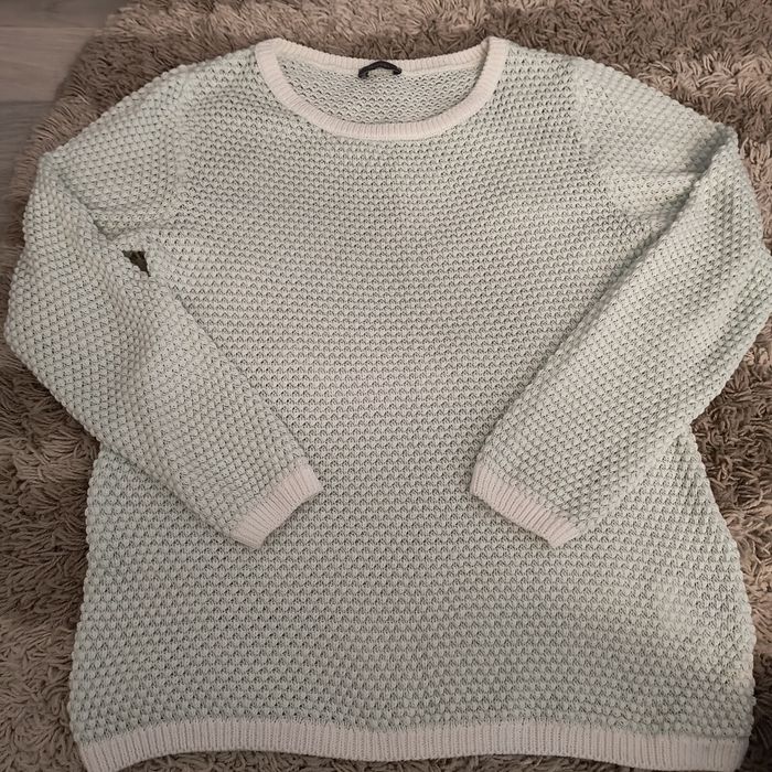 Pulover C&A verde menta cu alb, model bob de orez, nou, L