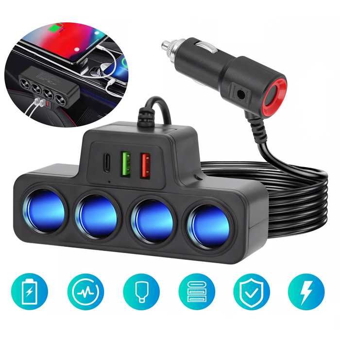 Разклонител за запалка 12V/24V – 4 гнезда, 1x Type-C, 2x USB, 120W