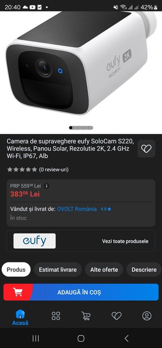 Camera de supraveghere eufy SoloCam S220 Wireless, Panou Solar, Rezol