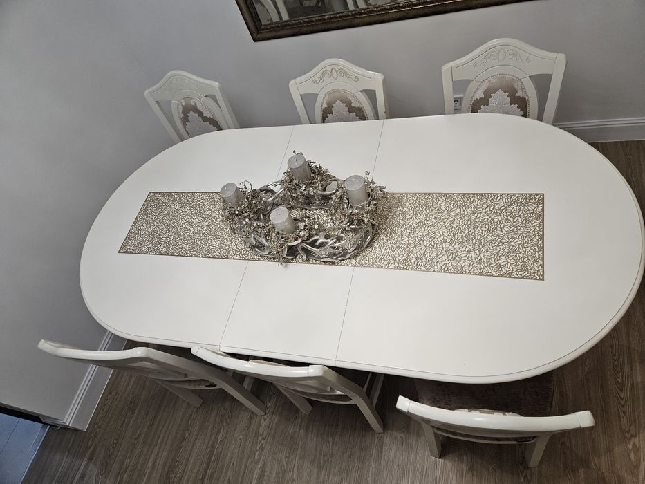 Scaun tapițat alb- cappuccino + masă extensibilă