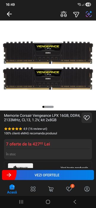 Memorie Corsair Vengeance, DDR4, CL16 3200MHz, CL13 2133MHz