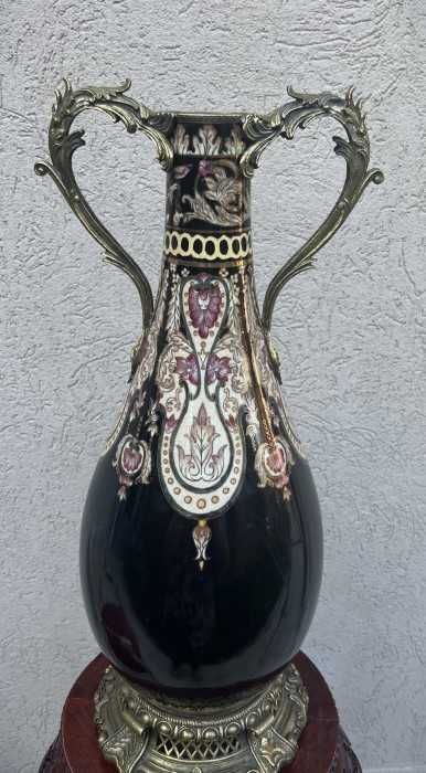 Impozanta vaza cu anse-portelan-bronz-pictura manuala-email-Franta