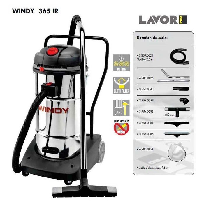 Aspirator de praf si lichide model WINDY 365 IR LAVOR 3 motoare, 3600W