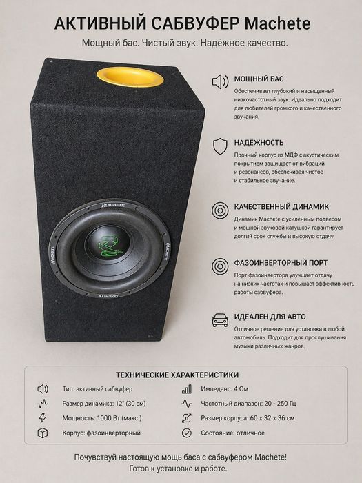 Сабвуфер Machete — мощный бас и качественный звук для автомобиля
Прода