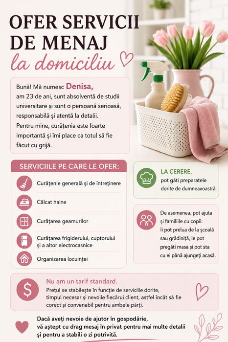 Ofer servicii de menaj și ajutor la domiciliu