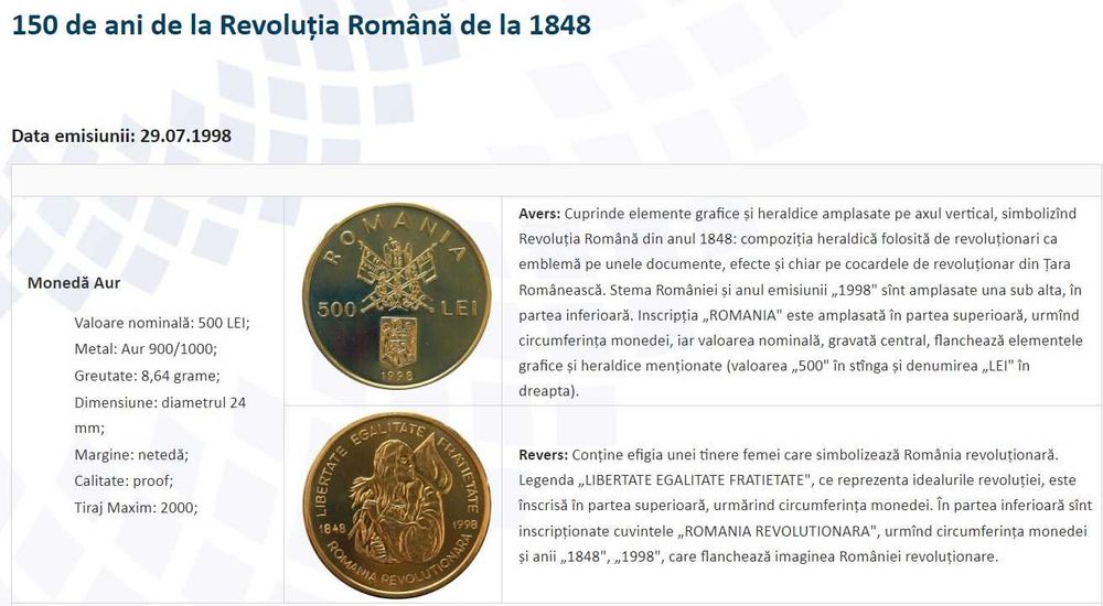 Moneda aur BNR 500 Lei, Revolutia Romana de la 1848, gradata NGC PF 63