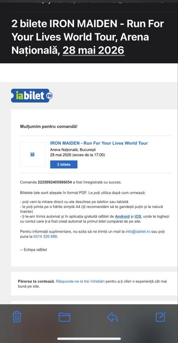 2 bilete Concert Iron Maiden 28 mai
