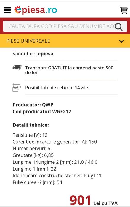 Alternator Citroen C4 Picasso 1,6  ( folosit numai cateva zile)