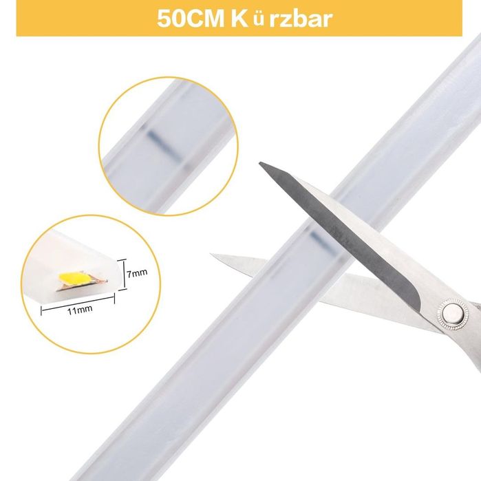 Bandă LED COB 230V IP67 exterior 2 metri – alb rece 6000K, cu priză