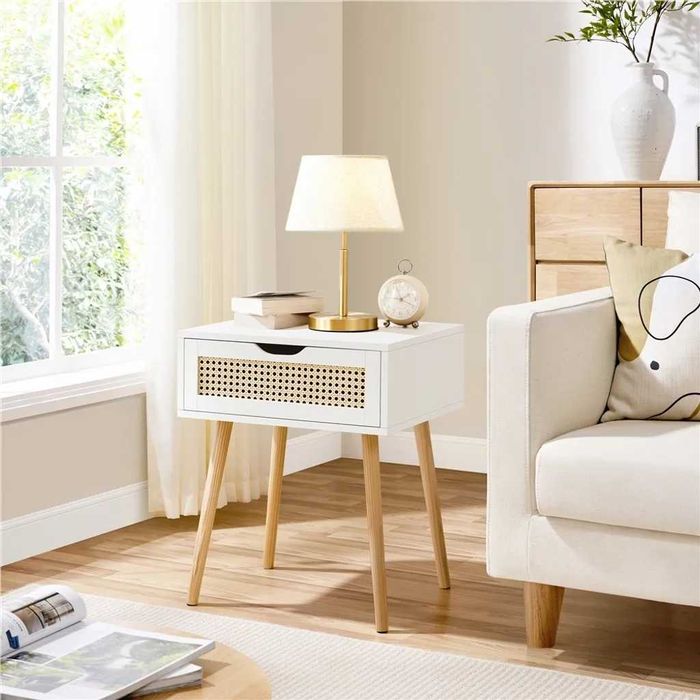 Noptieră Albă cu Sertar Design Ratan Picioare din Lemn |S 592917 White