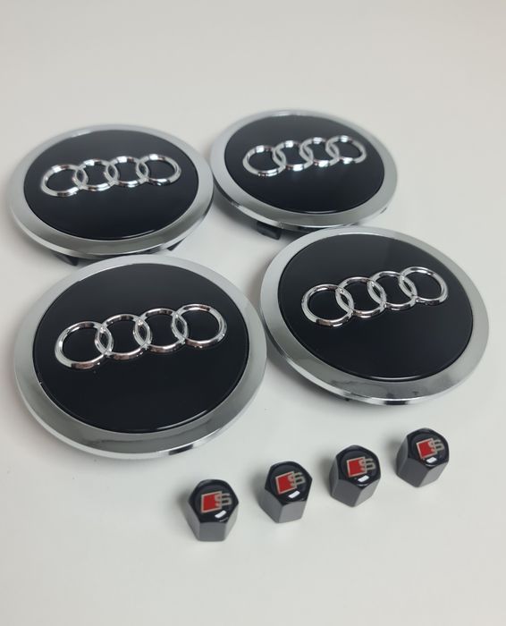 Pachet-Set-Capace-Centrale-Jante-Negre-Gri-61mm-69mm+Capacele-Valva-Ventil-Logo-Sigla-Stema-Emblema-Audi-Sline-A3-A4-A5-A6-A7-A8-Q3-Q5-Q7-Q8