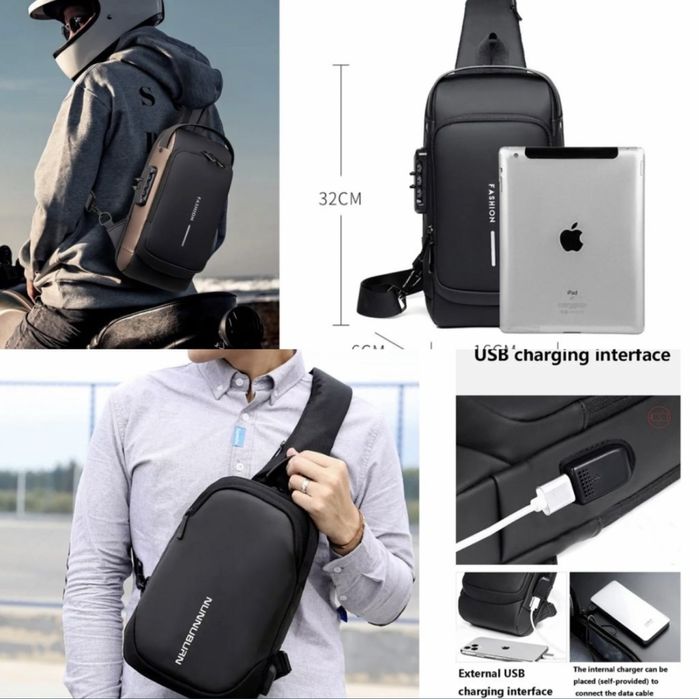 мъжка чанта непромокаема паласка многофункционална мотор USB слот