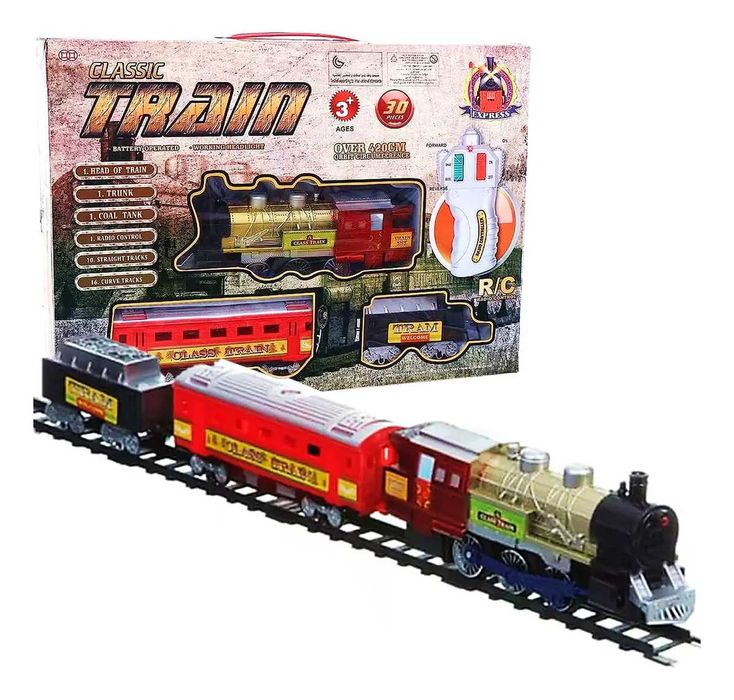 Локомотив Влак с вагони, движещ се по релси + СВЕТЛИНИ и ПУШЕК влакче