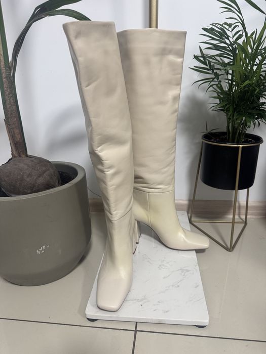 Cizme crem deschis din piele naturală bot pătrat și toc gros Zara 37