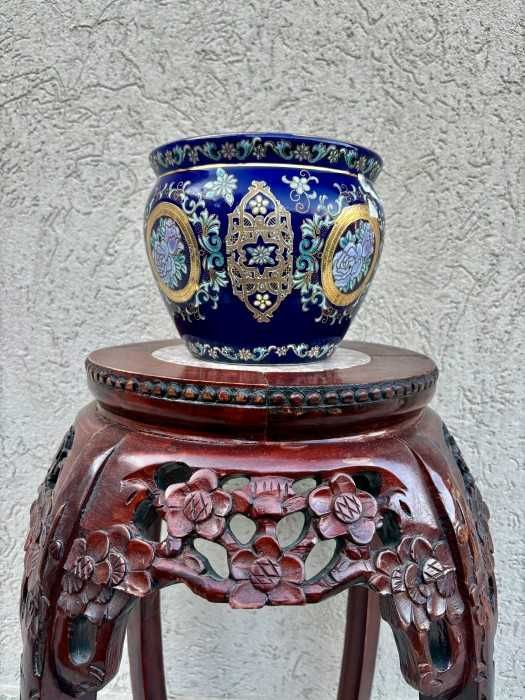 Eleganta jardiniera-portelan glazurat-email-decoruri aur-medalioane florale-Franta