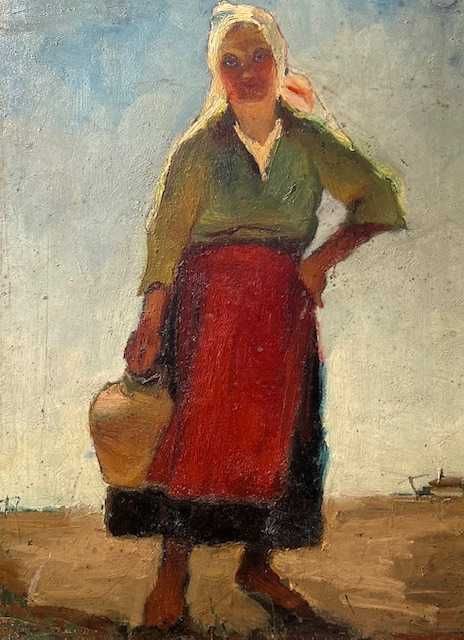 ~Țărancă cu ulcior~ Tabl0u vechi de >100 ani. Ul/Cart, semn ȘTAMPILĂ