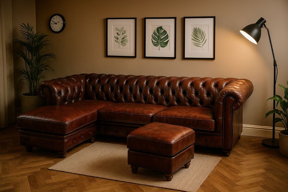 Ъглов кожен диван честърфийлд chesterfield