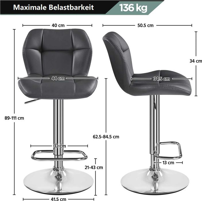 Set 2 scaune bar reglabile, rotative, piele PU |S 614160 Black(2pcs)