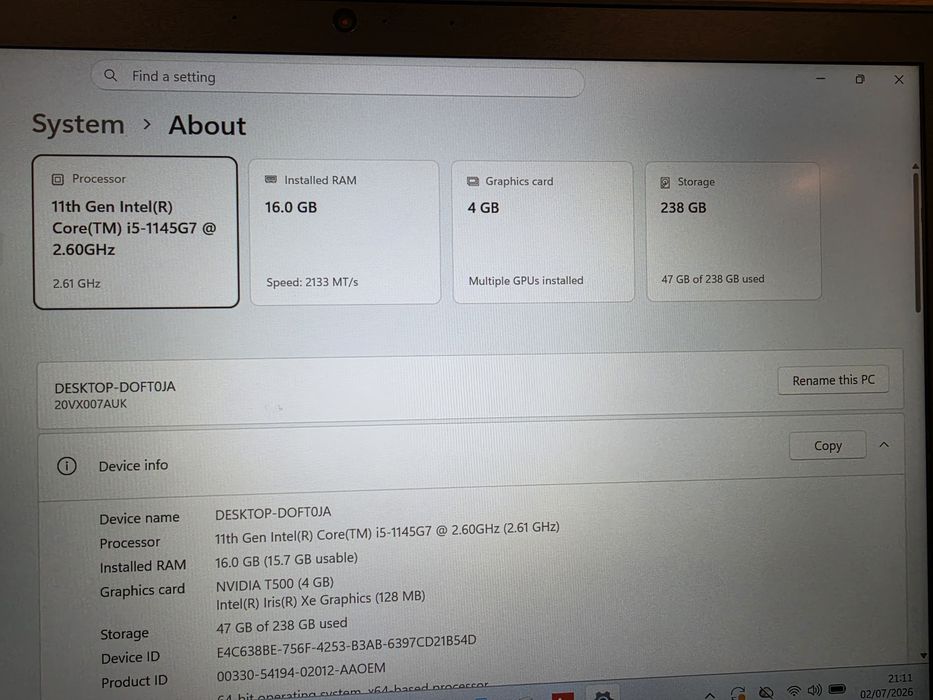 Lenovo ThinkPad P14s Gen 2 / i5-11th / Nvidia T500 4GB/ 16GB Ram / 256 SSD