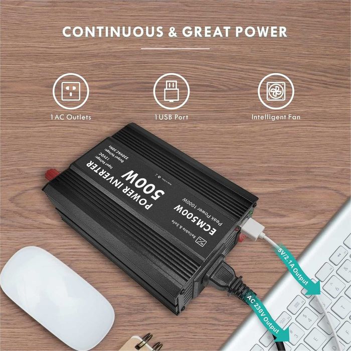 ECM 500 W модифициран синусоидален захр. инвертор DC 12 V към AC 230 V