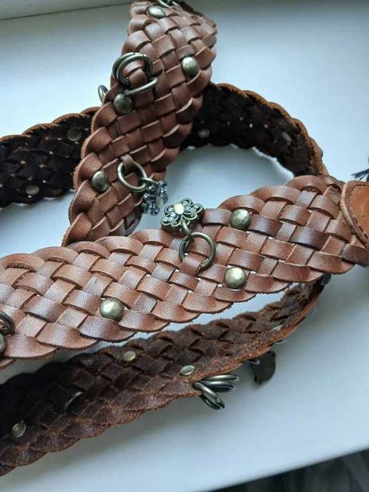 curea piele impletita Stefanel, cu decoratiuni metalice, marime universala