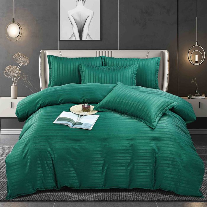 Lenjerie pat matrimonial Damasc, 6 piese, bumbac gros cu elastic,