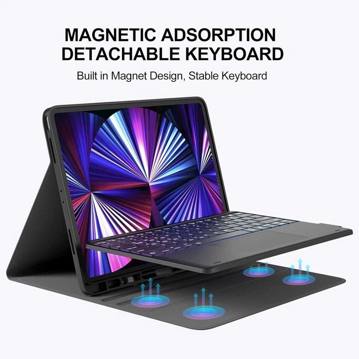 Husă cu Tastatură Earto pentru iPad Pro 12.9" (2018–2022), Touchpad, Iluminare RGB, Bluetooth, Negru