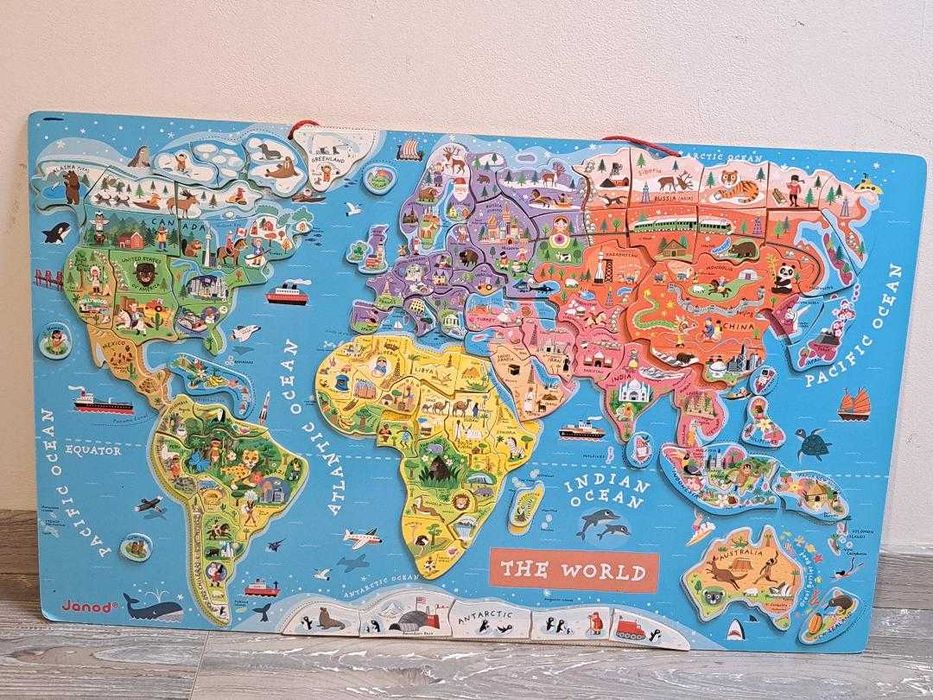 Hartă magnetică a lumii – Puzzle copii Janod, stare foarte bună